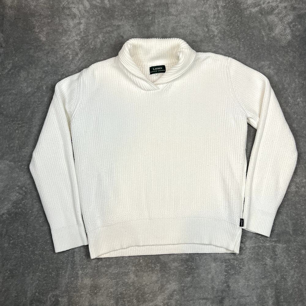 Lauren Ralph‎ Lauren Sweater Womens M Cotton Knit White Cowl Neck Long Sleeve